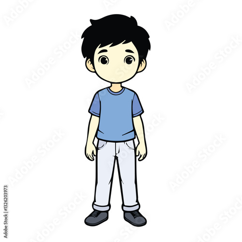 Cartoon boy in light blue shirt and light gray pants