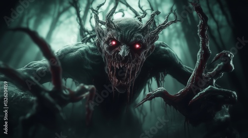 Horrible daemon ghost in dark strange forest in fog. Full of horror, fear, riddles and secrets, and does not give an answer.