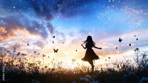 Silhouette of a girl dancing amidst butterflies with a stunning sunset and starry sky backdrop. photo