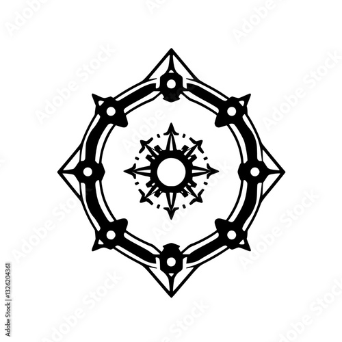 Geometric black and white illustration of a symmetrical circular design, featuring layered shapes and starbursts.