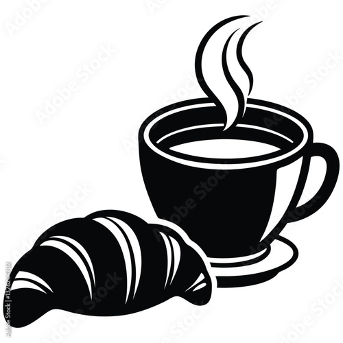 Steaming Coffee Cup and Croissant Silhouette Breakfast Scene
