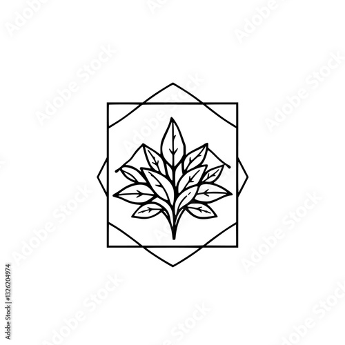 A symmetrical, minimalist botanical illustration featuring a stylized plant enclosed within a geometric square and a decorative diamond.