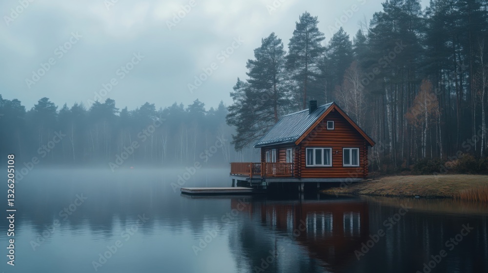 Cozy wooden fisherman's cabin by the tranquil lake surrounded by misty pines. Generative AI Cozy wooden fisherman's cabin by the tranquil lake surrounded by misty pines. Generative AI