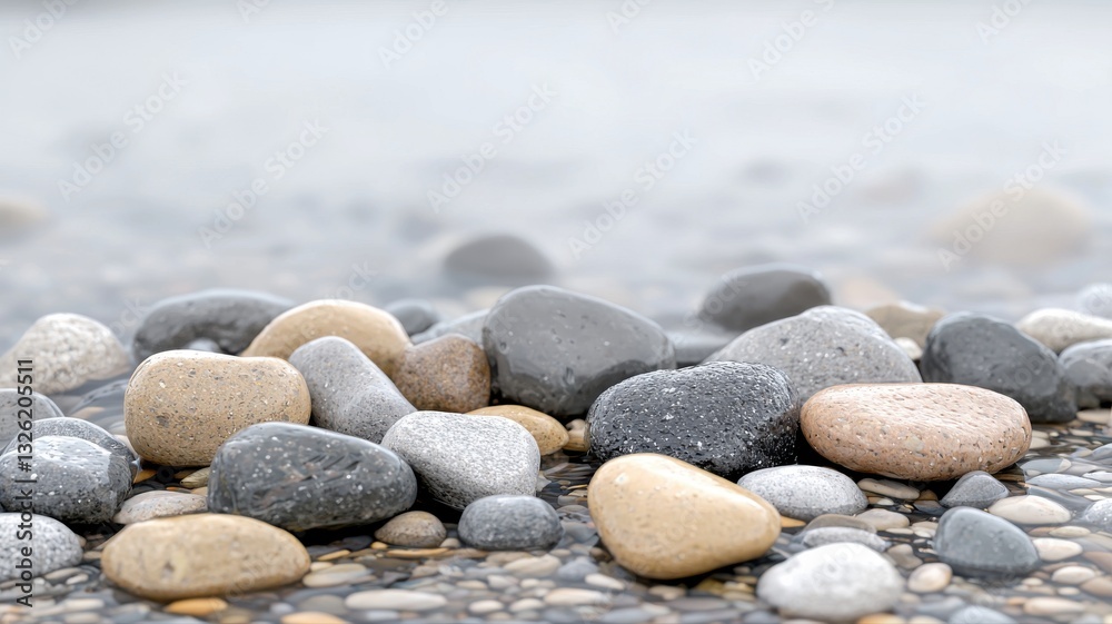 Smooth pebbles on a misty shore, harmonious nature scene for relaxation. Smooth pebbles on a misty shore, harmonious nature scene for relaxation.