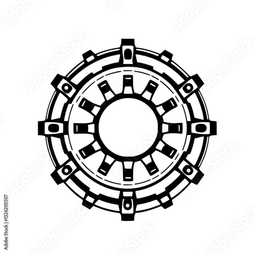 Detailed monochromatic geometric circular design, futuristic gear or portal, featuring internal and external layers, black lines on white.