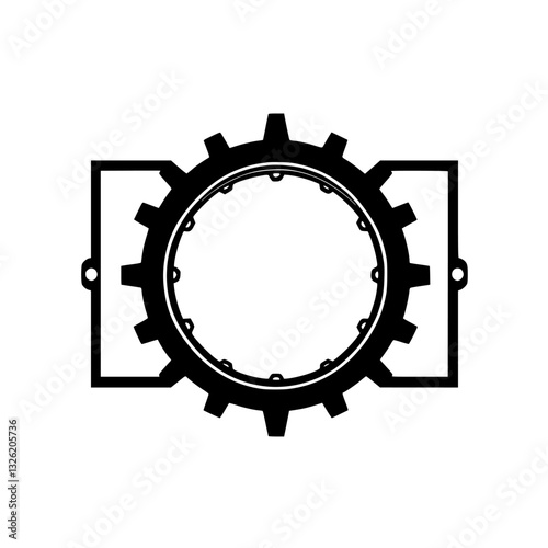 A symmetrical black and white, schematic gear design with a rectangular frame, clean industrial feel and minimalist aesthetic.