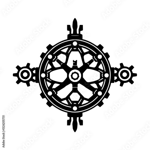 Black & White Mechanical Emblem with Circular Gears and Stylized Compass Points on a Clean White Background.
