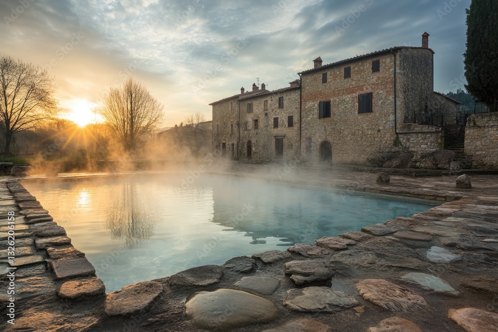 Obraz premium Bagno Vignoni: Ancient Thermal Baths in Tuscany, Italy. Spa Experience at Sunrise