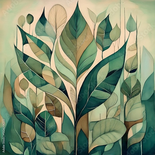 Wallpaper Mural abstract painting symbolizing environmental protection with organic shapes in green and earthy color tones Torontodigital.ca