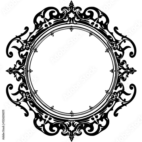 Ornate Black and White Circular Frame with Baroque Design and Decorative Scrollwork, Centered with White Space.