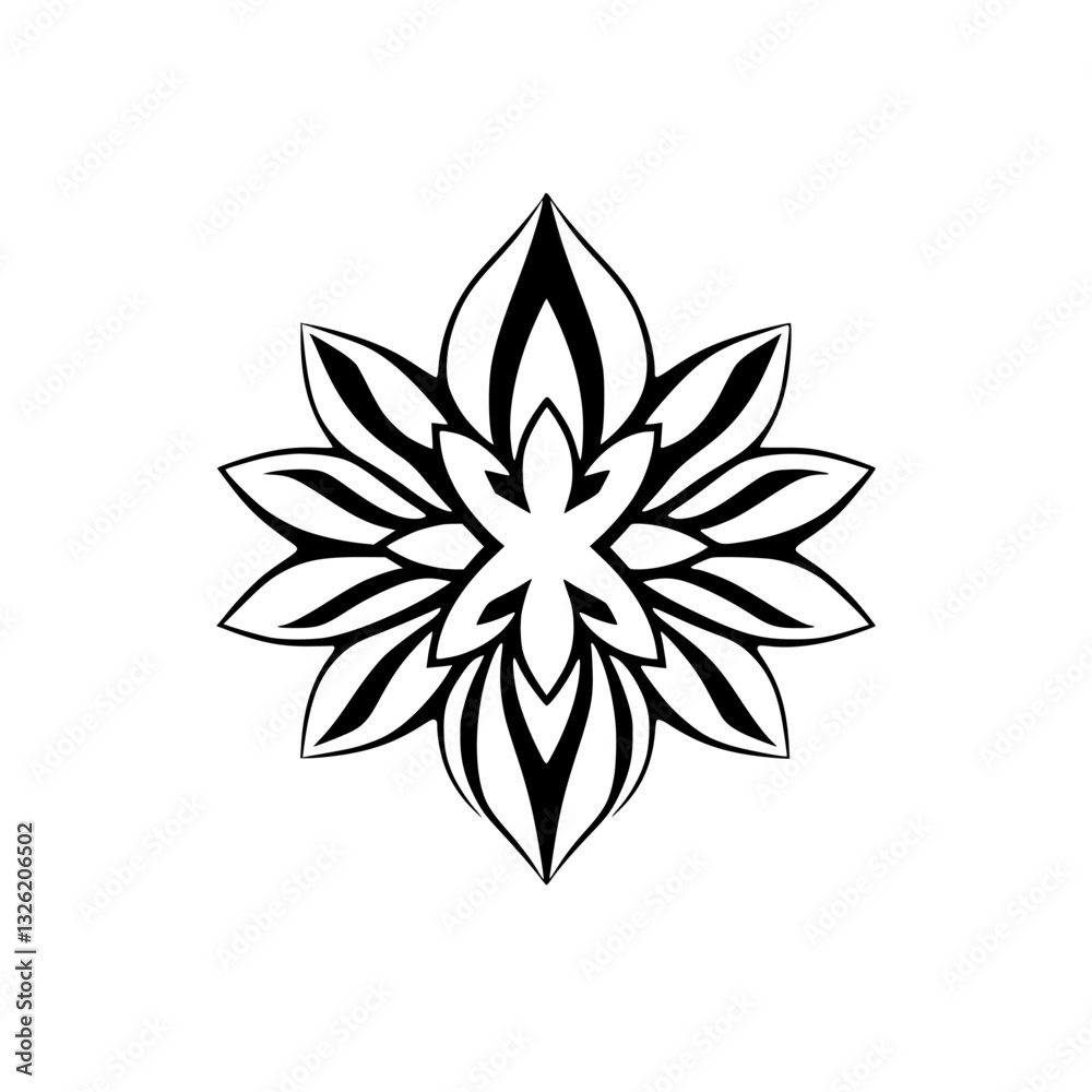 Intricate black and white symmetrical floral mandala design with overlapping stylized petal shapes on a pure white background. Intricate black and white symmetrical floral mandala design with overlapping stylized petal shapes on a pure white background.