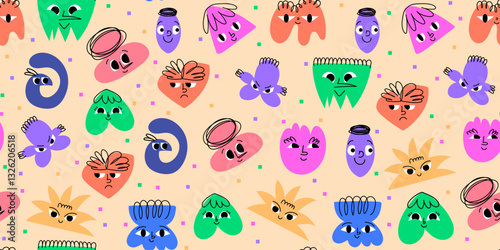 Colorful Doodle Abstract Seamless Pattern with Geometrical Shapes of Blobs with Faces. Hand drawn organic multicolored funny cartoon avatars. Happy decorative emoticons for kids