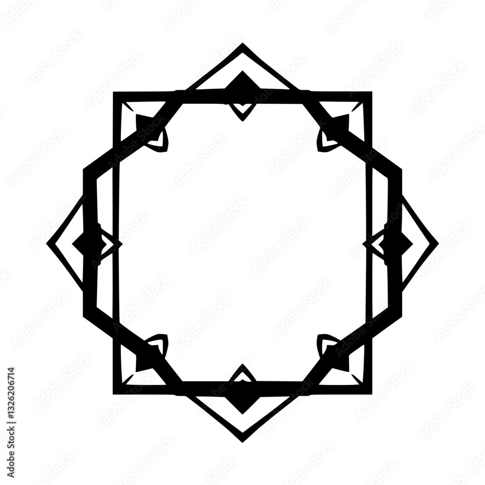 Geometric Art Deco Frame: a symmetrical, black and white octagonal border with internal diamond accents, perfect for design. Geometric Art Deco Frame: a symmetrical, black and white octagonal border with internal diamond accents, perfect for design.