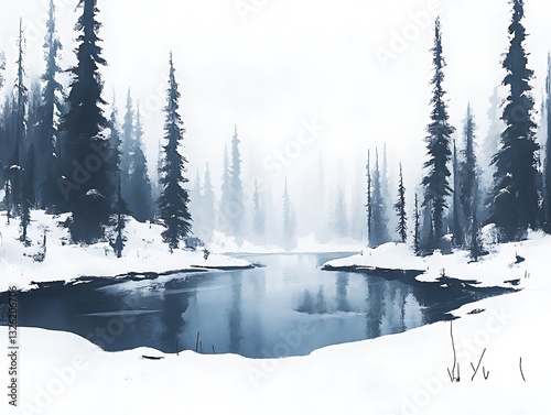 Serene frozen lake surrounded by tall, misty trees in winter scene photo