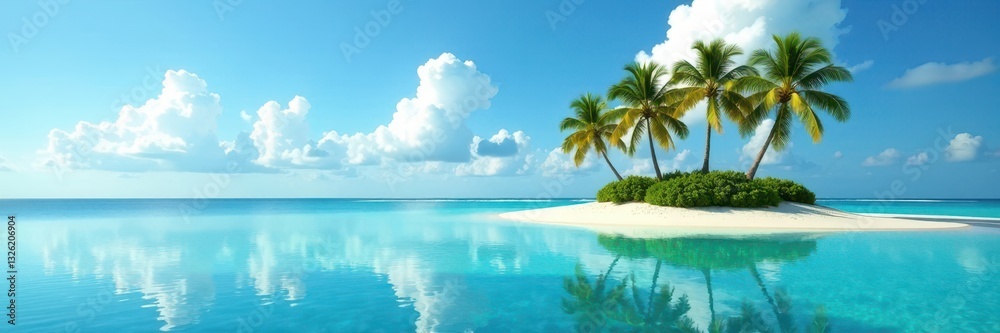 Palm trees mirrored in turquoise water, idyllic island scene, tropical island, coastal