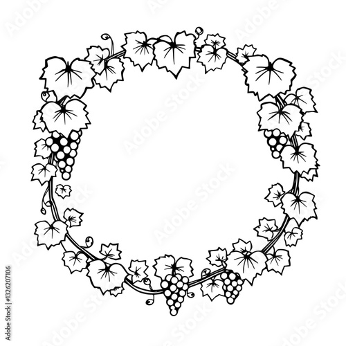 Hand-drawn black and white circular floral illustration featuring grapevines, leaves, and bunches of grapes forming a decorative border.