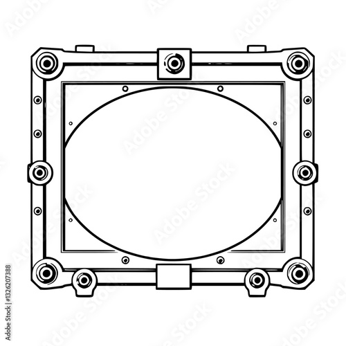 Intricate Black and White Frame with an Oval Opening, Showcasing Detailed Mechanical Elements and a Futuristic Design.