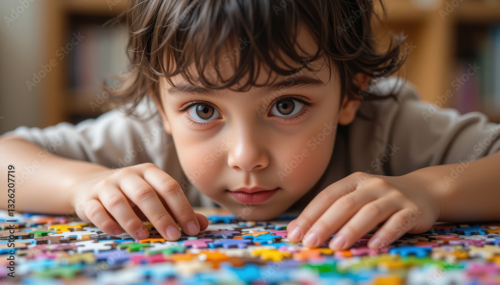 focused child assembling colorful jigsaw puzzle on table focused child assembling colorful jigsaw puzzle on table