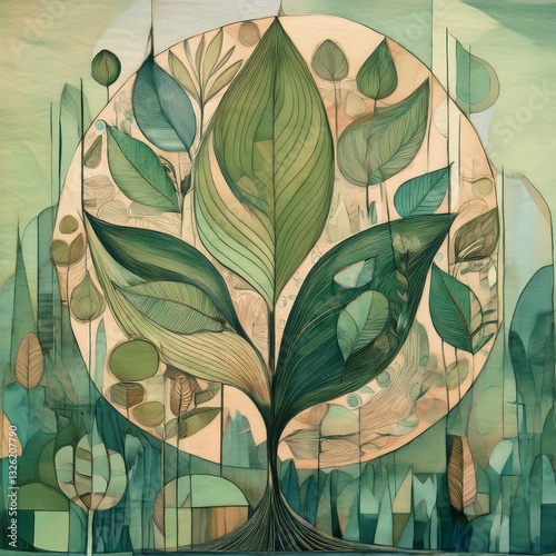 Wallpaper Mural abstract painting symbolizing environmental protection with organic shapes in green and earthy color tones Torontodigital.ca