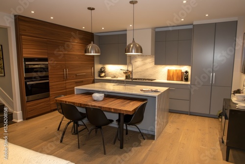 Wallpaper Mural Modern kitchen with island, wood flooring, gray cabinets, and wooden table. Torontodigital.ca