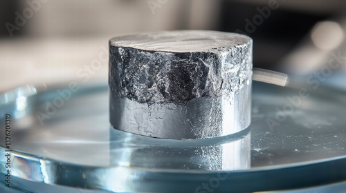 Silver Ingot Close-up: A gleaming silver ingot, raw and unrefined, rests on a glass surface, reflecting the light in a captivating display of metallic texture. 