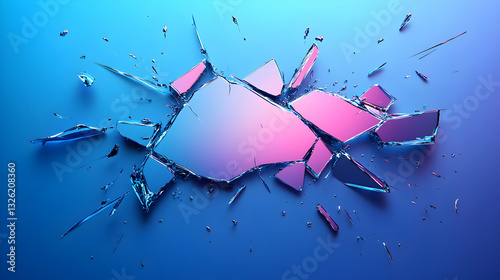 Shattered glass fragments explode on blue background.