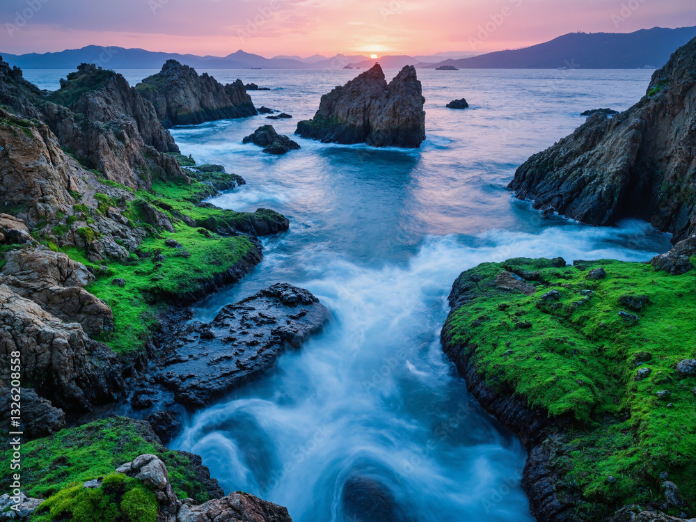 seascape at sunset with dramatic rock