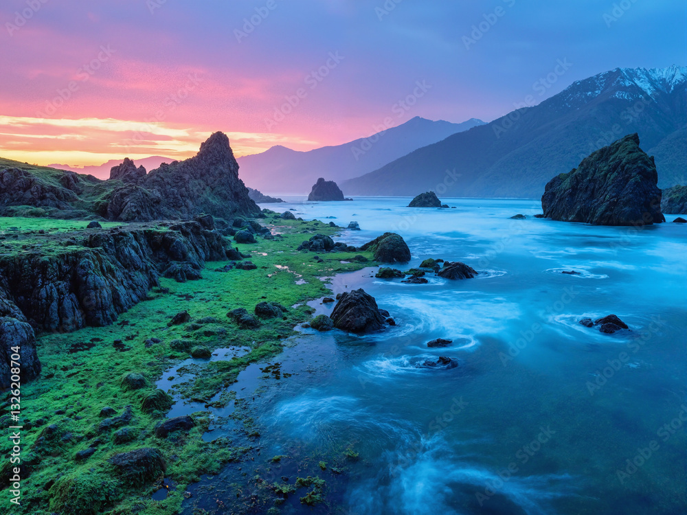 seascape at sunset with dramatic rock