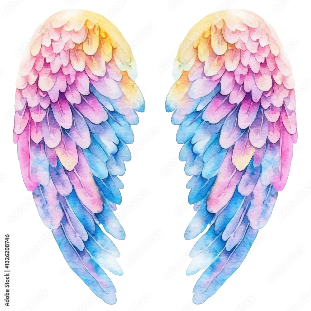 Fototapeta premium Watercolor Angel Wings: A vibrant pair of angel wings painted in watercolor with a spectrum of soft pastel colors, evoke a sense of peace, grace, and ethereal beauty.