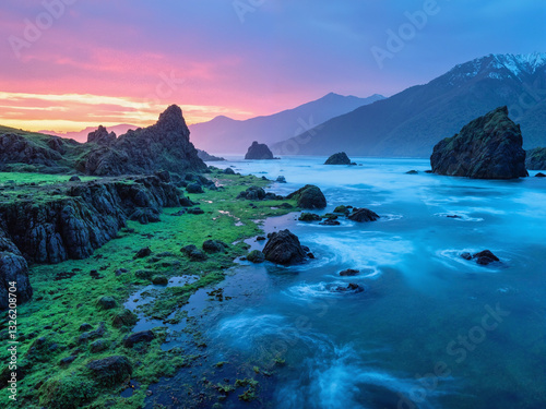 Obraz na płótnie seascape at sunset with dramatic rock w salonie
