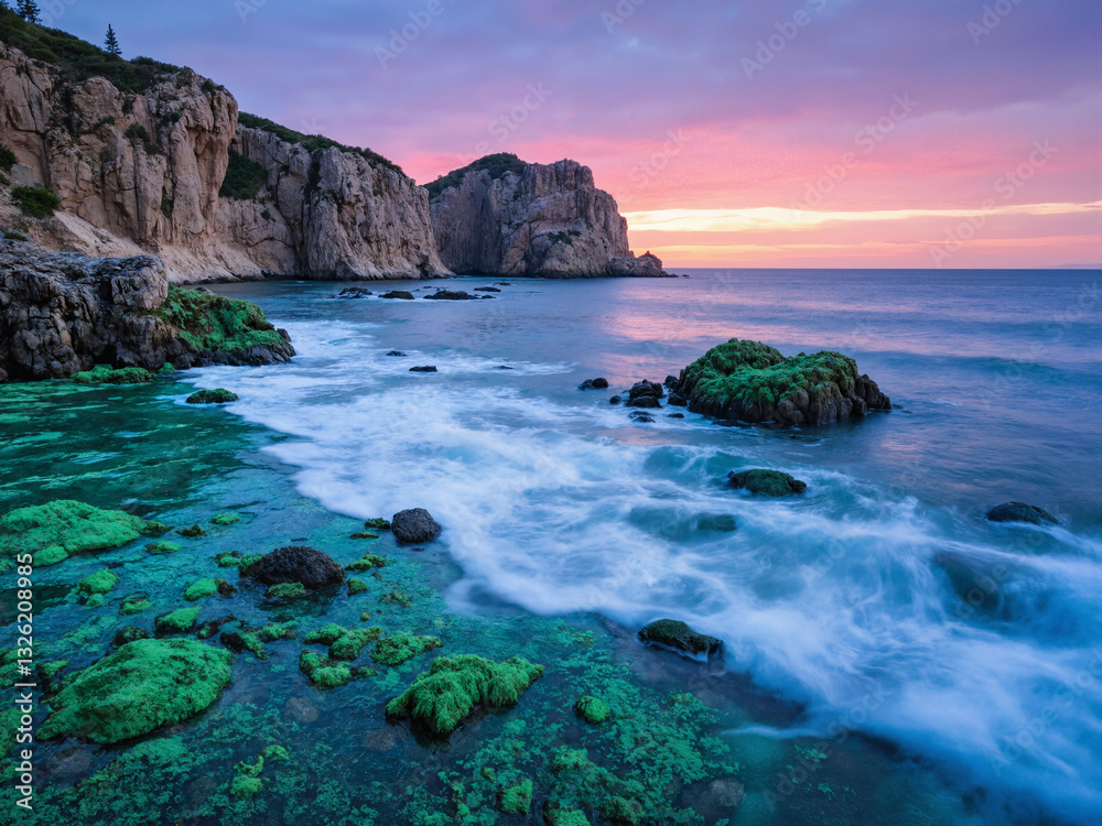 seascape at sunset with dramatic rock