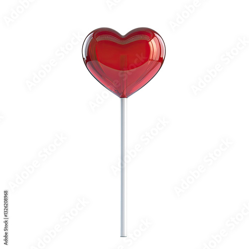 Heart-shaped lollipop on a stick. Glossy, vibrant red candy heart on a white stick