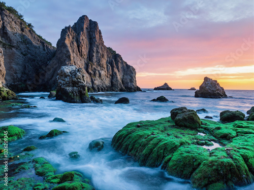 seascape at sunset with dramatic rock