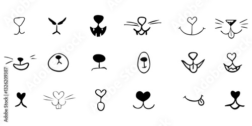Pet mouth comic cute line doodle drawing. Set lips, noses and whiskers animal characters. Funny heart nose, hand drawn faces.