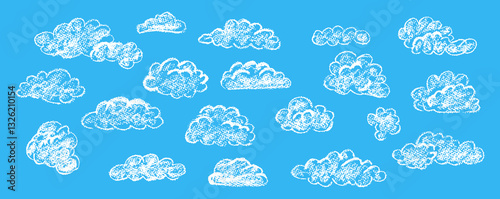 Set of abstract pencil clouds. Hand drawn cartoon cloudy sky. Vector illustration of collection of white eddy on blue background. Imitation of a child's drawing with pencils on blackboard.