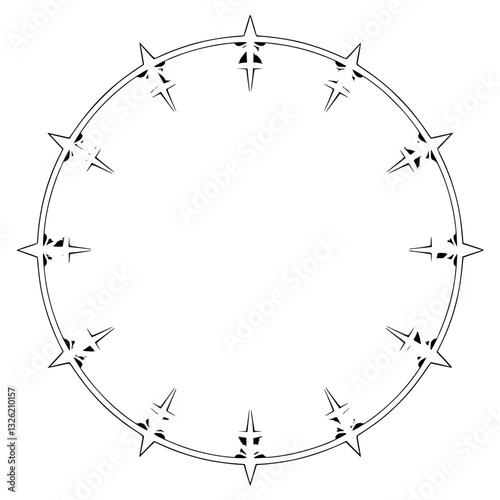 Circular Minimalist Illustration: Graphic Black Outline with Starburst-Shaped Markers and Inner White Space on Plain White Background.