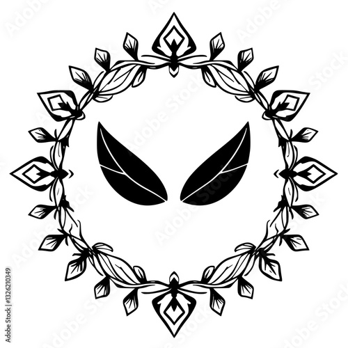 Black and white ornamental design featuring a circular floral wreath surrounding two stylized leaf shapes in the center. photo