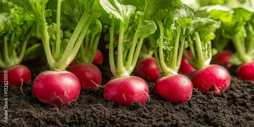 Rows of Fresh Red Radishes in the Garden, Organic Spring Vegetables Growing in Rich Soil