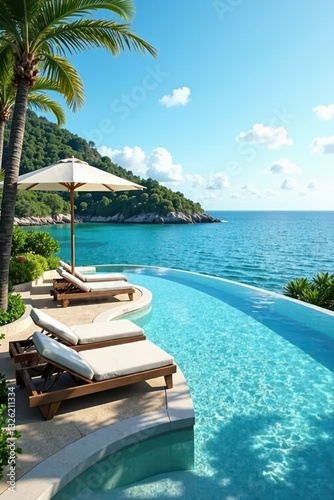 Luxury resort terrace  infinity pool  ocean view  view  waves  outdoor
