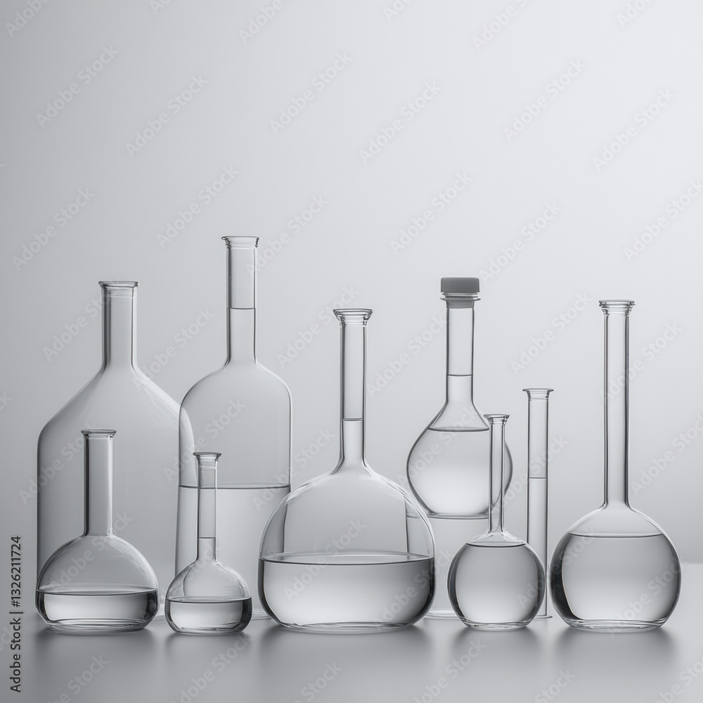 The image depicts a laboratory scene with chemistry glassware such as beakers, test tubes, and bottles The setting features scientific equipment, a water bottle, and items used in medical research and The image depicts a laboratory scene with chemistry glassware such as beakers, test tubes, and bottles The setting features scientific equipment, a water bottle, and items used in medical research and