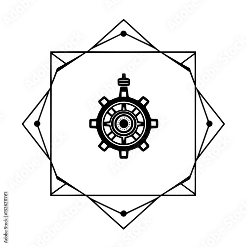 Intricate black and white geometric illustration featuring a steampunk cogwheel design at the center, enclosed within a diamond-shaped frame and square outline.