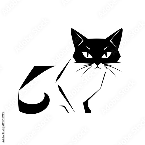 Geometric black and white cat, stylized illustration, sitting upright, intense gaze, simple lines, minimalist design, isolated on a white background.