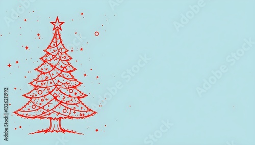 A festive Christmas banner featuring a red one-line style outline of a Christmas tree with scattered little stars and space for text.