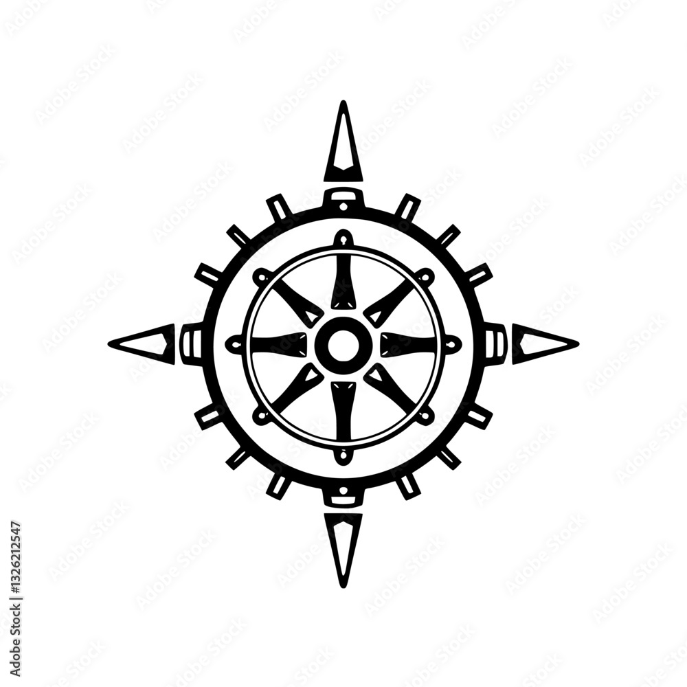 Intricate, Symmetrical Black and White Design Featuring a Compass Rose with a Gear-Like Outer Ring and Central Steering Wheel Motif Intricate, Symmetrical Black and White Design Featuring a Compass Rose with a Gear-Like Outer Ring and Central Steering Wheel Motif