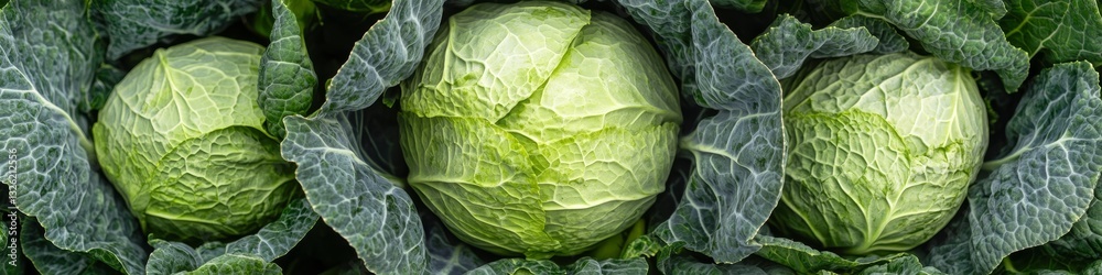 Fototapeta premium Three Fresh Savoy Cabbages Growing with Lush, Green, Wrinkled Leaves in a Garden, Vegetable Patch