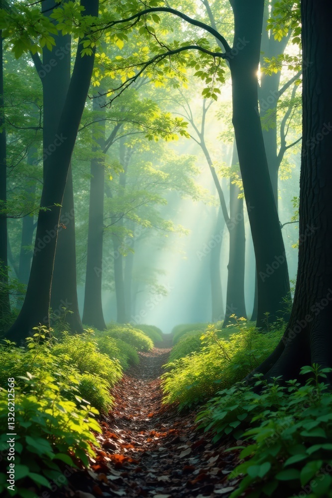 Fototapeta premium Misty morning in beech forest, delicate new leaves unfurling , magical, mystical, calm