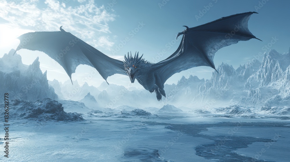 Fototapeta premium Majestic ice dragon soaring over snowy mountain landscape in fantasy scene