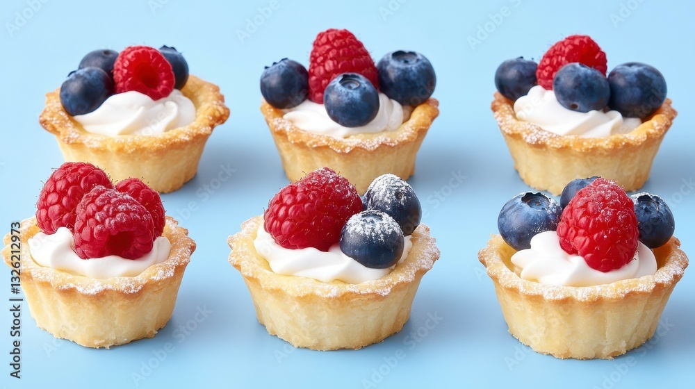 Sweet Tarts with Berries: Captivating top-down shot of delectable miniature tarts, exquisitely adorned with luscious cream and a vibrant medley of fresh raspberries and blueberries. Sweet Tarts with Berries: Captivating top-down shot of delectable miniature tarts, exquisitely adorned with luscious cream and a vibrant medley of fresh raspberries and blueberries.