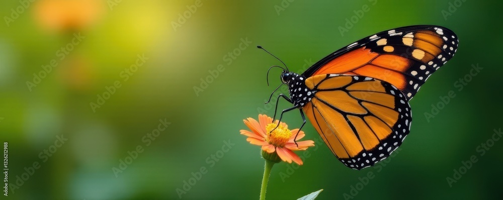 Fototapeta premium Monarch butterfly perched, delicate antennae, intricate wing veins, vein, white background