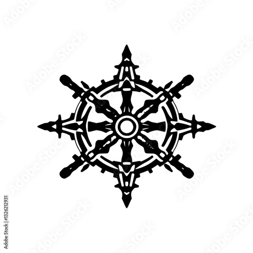 Intricate black and white ship's wheel illustration, a stylized nautical emblem with ornate spoke design on a stark white background, suggestive of control and direction.